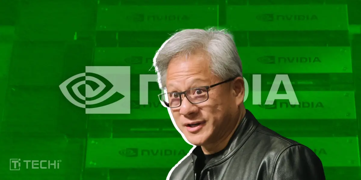 Jensen Huang in black jacket with NVIDIA logo and stacked GPU hardware, TECHi branding.