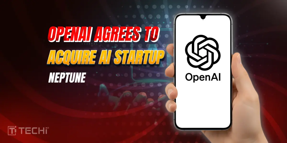 Smartphone showing OpenAI logo with headline about acquiring AI startup Neptune, TECHi branding and digital red background.
