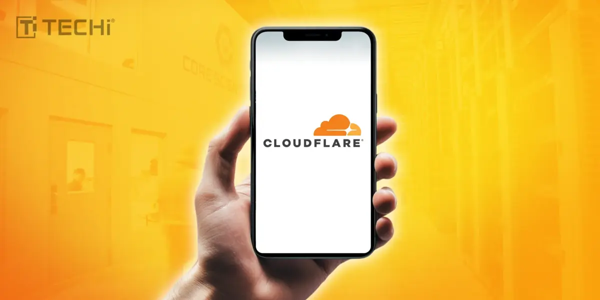 Hand holding smartphone with Cloudflare logo, yellow-orange background with server outlines, TECHi branding.