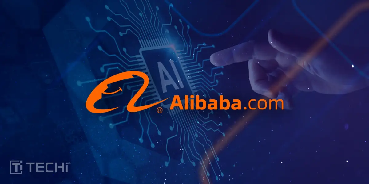 Human hand pointing at AI microchip with circuit lines; Alibaba.com logo and TECHi branding included.