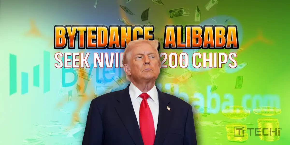 Suited figure with ByteDance and Alibaba logos, floating money, and headline about NVIDIA H200 chip demand.