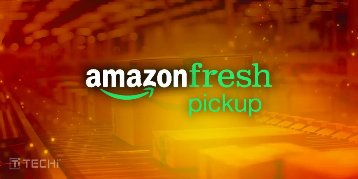 “amazon fresh pickup” text over blurred conveyor belt with orange glow and TECHi branding.