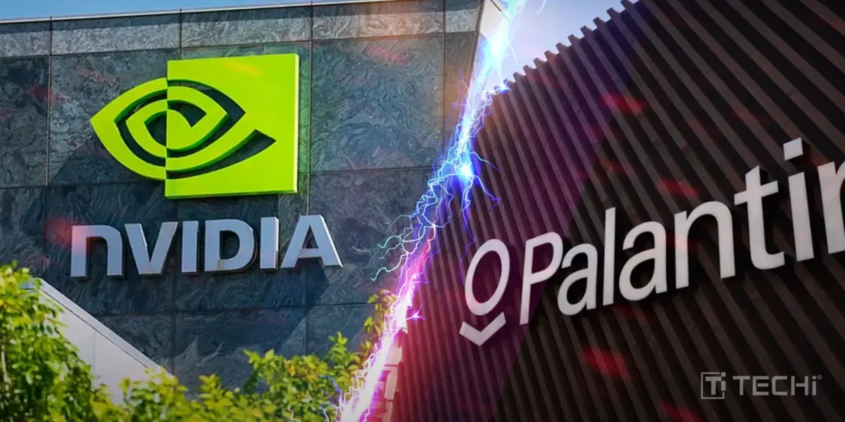NVIDIA and Palantir logos on separate building facades with lightning bolt divider and TECHi branding.