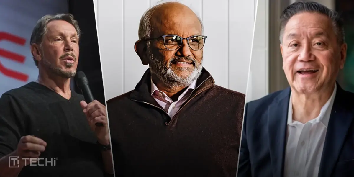 Three tech leaders in split-screen format with varied attire and expressions; TECHi logo in corner.