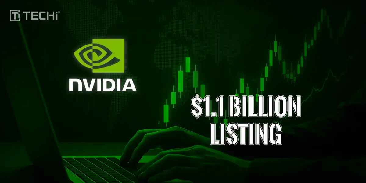 NVIDIA logo with green stock charts, $1.1 billion listing headline, and TECHi branding over global map and keyboard.