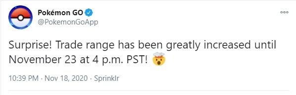 Pokémon Go to Add Long-Awaited Remote Trading Feature 2 Tweet from Pokémon GO announcing temporary trade range increase with emojis