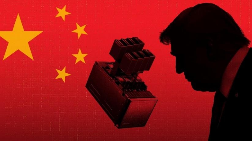 Nvidia Unveils Location-Verification Technology Aimed at Combating Semiconductor Smuggling 1 China flag with surveillance device and silhouette of Donald Trump on red background; symbolic of geopolitical tension.