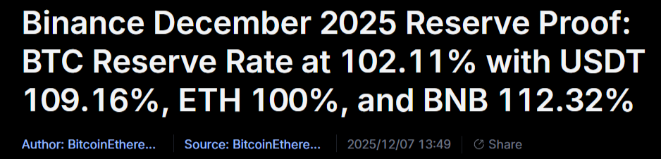 Binance December 2025 reserve proof showing BTC, USDT, ETH, and BNB ratios.