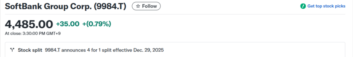 SoftBank's Bold Digital Grab Heats Up AI Boom 1 SoftBank stock summary showing ¥4,485 price, +0.79% gain, and 4-for-1 split notice