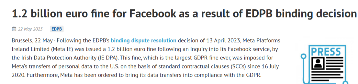 Headline “1.2 billion euro fine for Facebook” with EDPB ruling summary under TECHi branding.