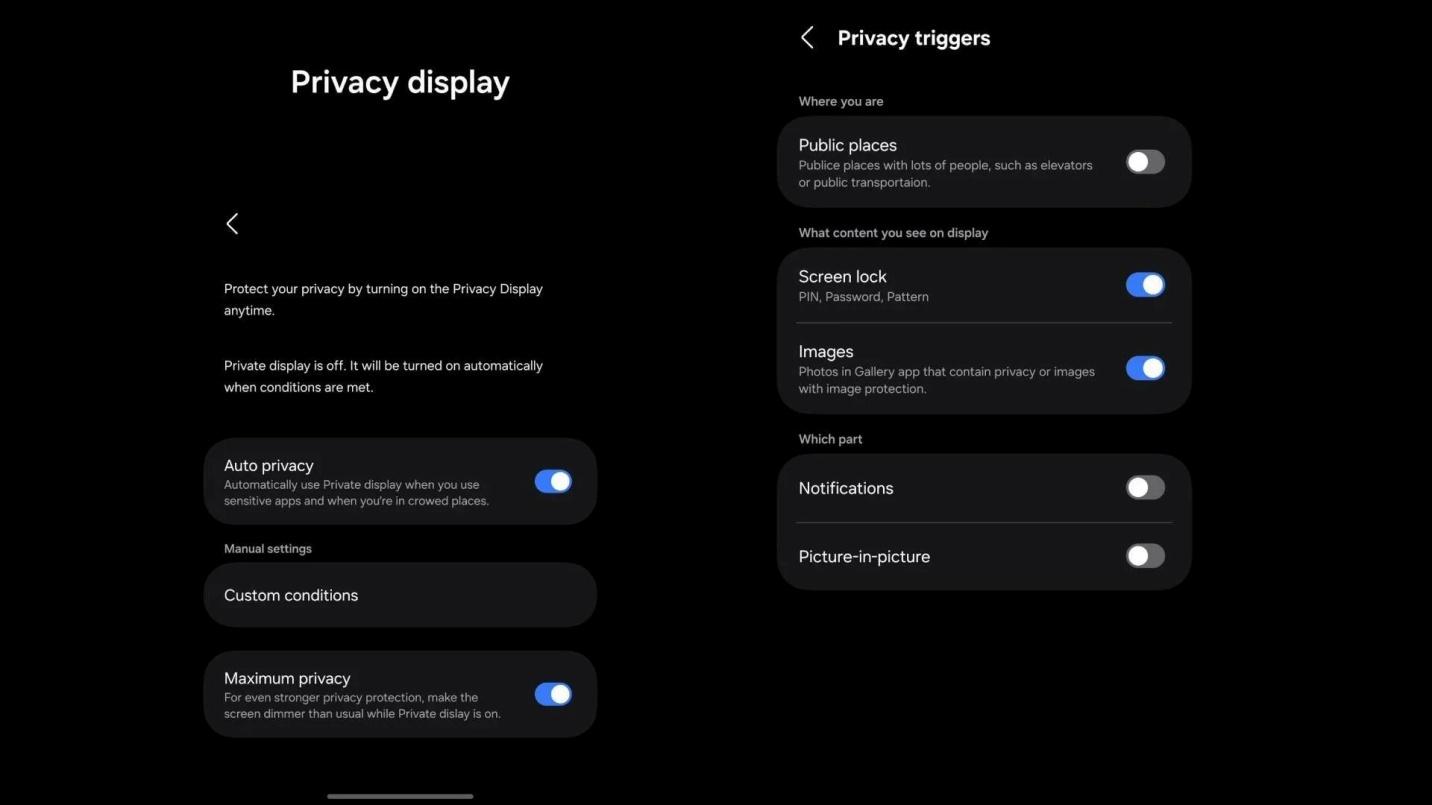 Smartphone interface showing privacy‑display settings with auto privacy, maximum privacy, and contextual triggers