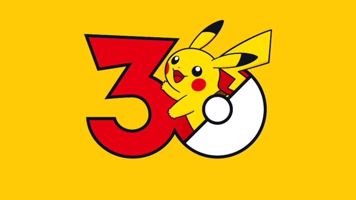 Pokémon 30th anniversary graphic with Pikachu emerging from a “30” design featuring a Poké Ball