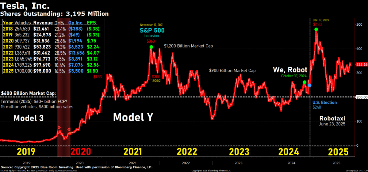 Tesla stock and financial timeline with annotated milestones and market cap shifts.