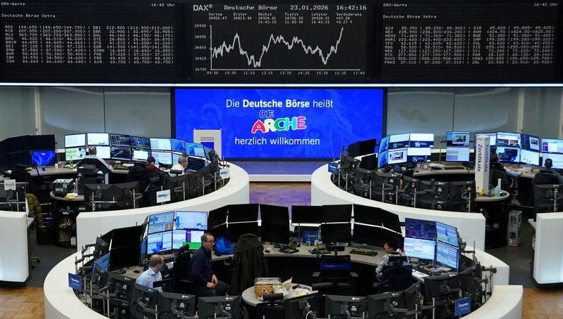 Deutsche Börse trading floor with circular desks, DAX index data, and welcome message