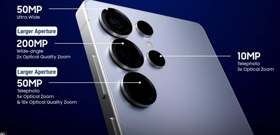 Quad‑camera smartphone layout showing 50MP ultra‑wide, 200MP wide‑angle, 50MP telephoto, and 10MP telephoto lens specifications