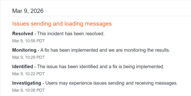 Incident timeline showing investigation, identification, monitoring, and resolution of messaging outage.