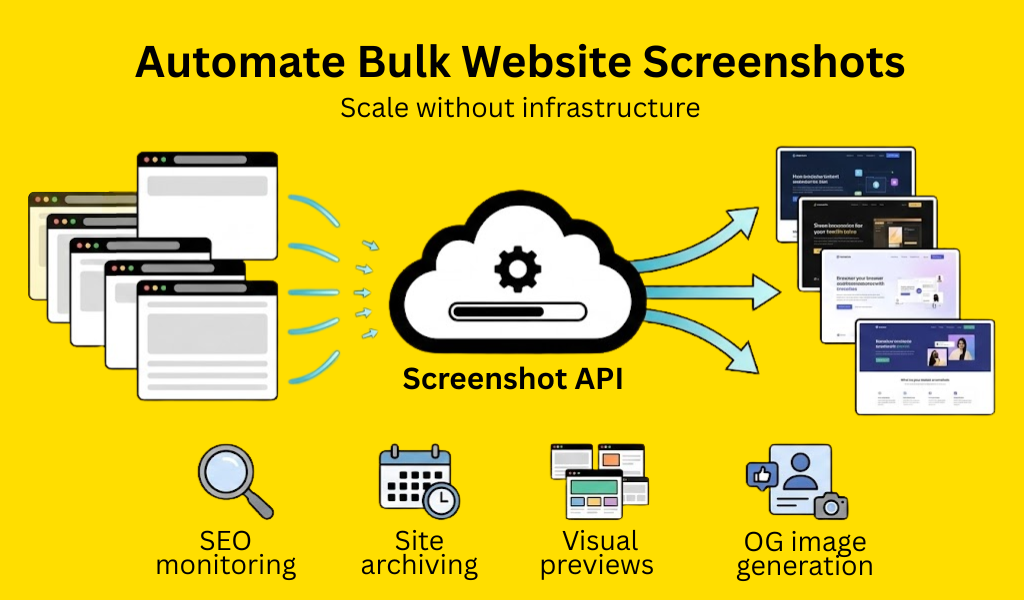 Screenshot API automation graphic with cloud icon, browser inputs, and screenshot outputs.