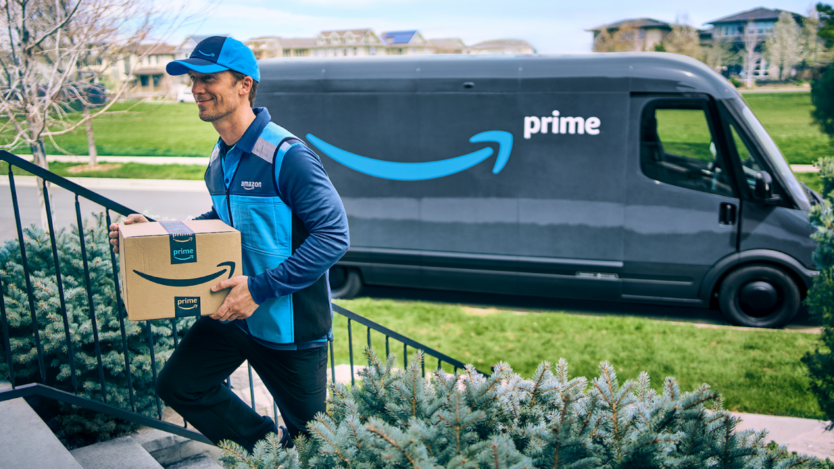 Amazon Prime delivery graphic showing associate with package and branded van in suburban neighborhood.