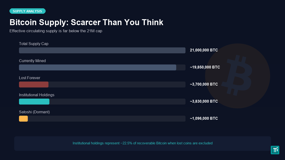 Bitcoin supply breakdown showing total cap, mined coins, lost bitcoin, and institutional holdings